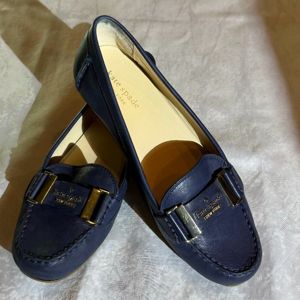 Kate Spade Colette Leather Driving Loafer Navy with Gold Hardware Size 6.5